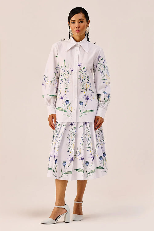 White Floral Print Shirt and Skirt Set