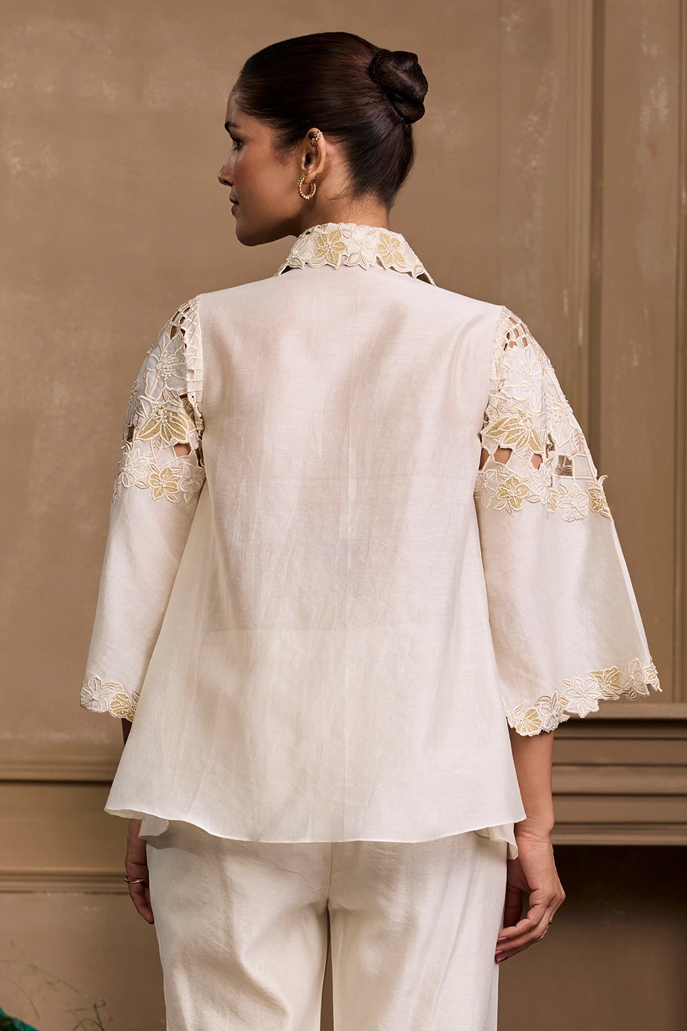 Ivory Metallic Applique And Cutwork Layered Shirt