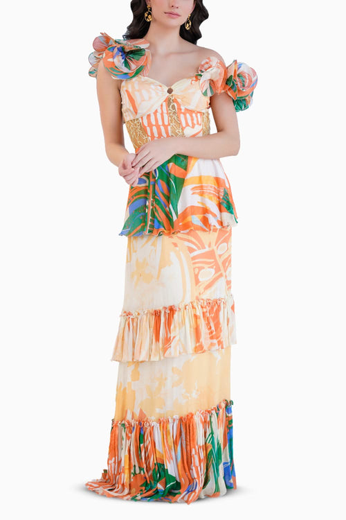 Mysterious Tropic Printed Tiered Dress With Corsage Sleeves
