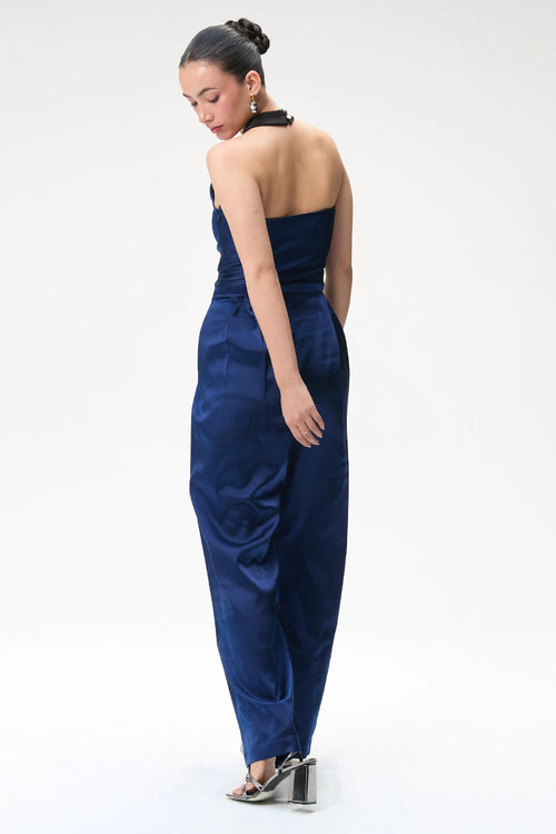 Midnight Blue Silk Jumpsuit With Contrast Collar