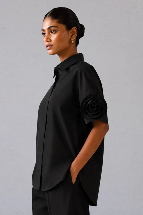 Rosette Sleeve Shirt Black