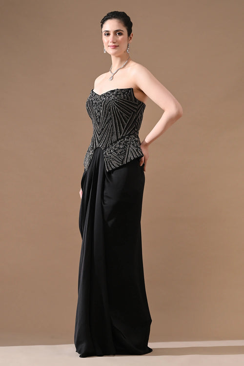 Black Strapless Sculpted Handwork Corset With Drape Skirt