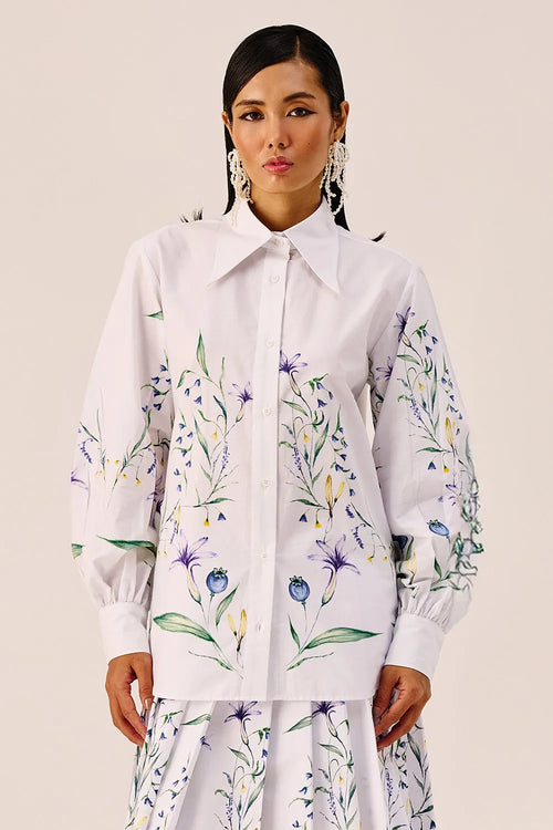 White Floral Print Shirt and Skirt Set