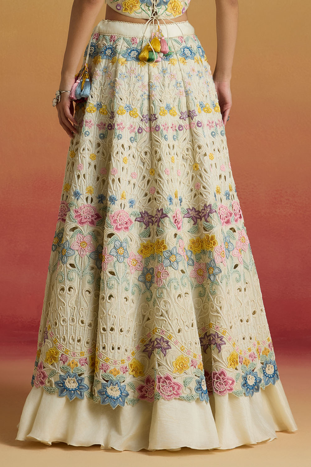 Ivory Pastel Floral Cordwork Amaryllis Lehenga