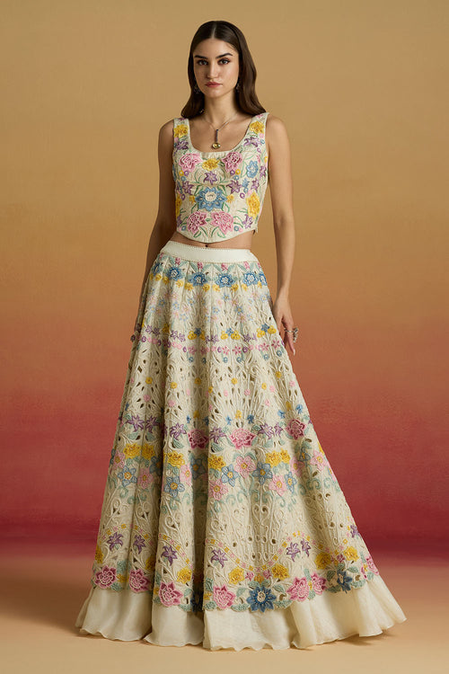 Ivory Pastel Floral Threadwork Corset with Cordwork Amaryllis Lehenga