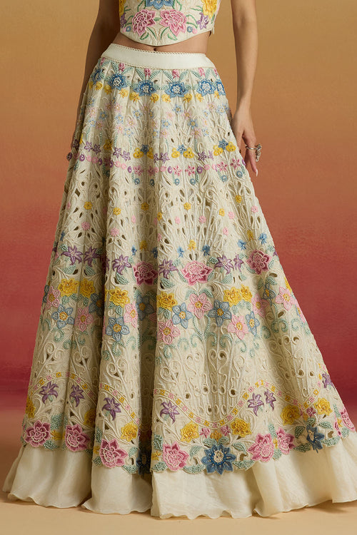Ivory Pastel Floral Cordwork Amaryllis Lehenga