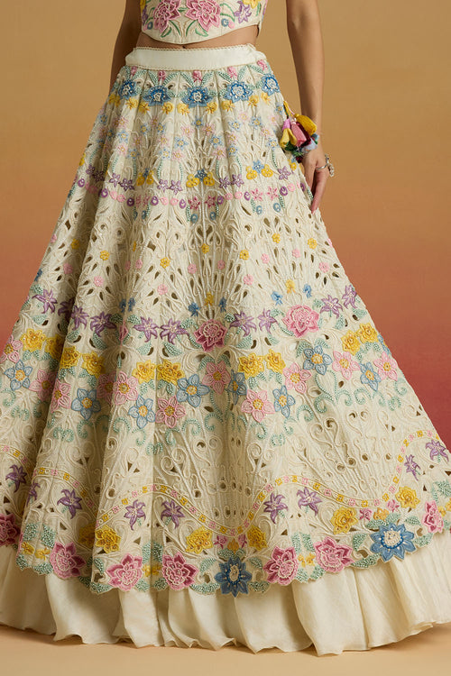 Ivory Pastel Floral Cordwork Amaryllis Lehenga