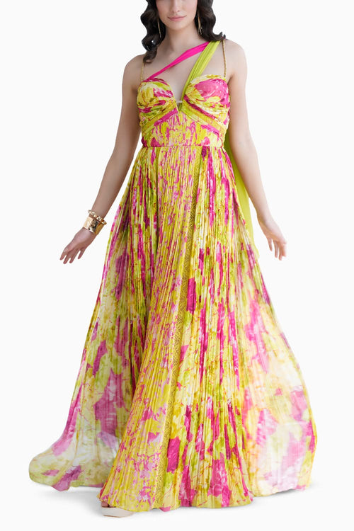 Floral Printed Long Dress In Pleated Chiffon