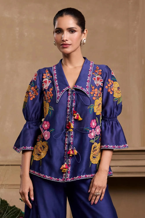 Cobalt Blue Floral Applique Tie-Up Shirt