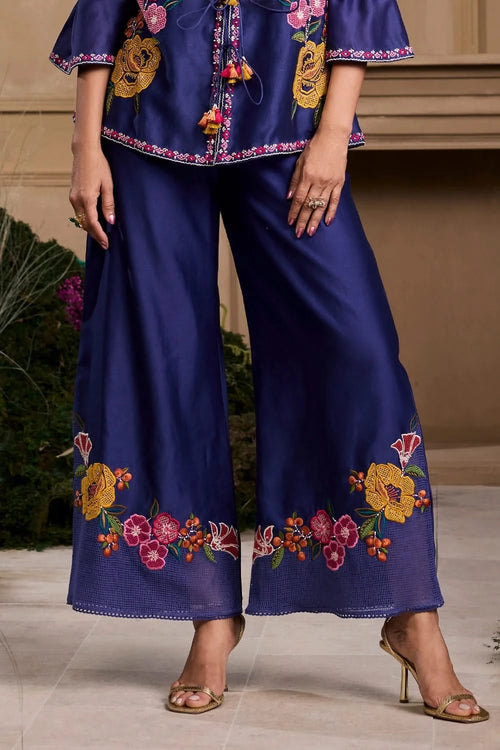 Cobalt Blue Embroidered Flared Pants
