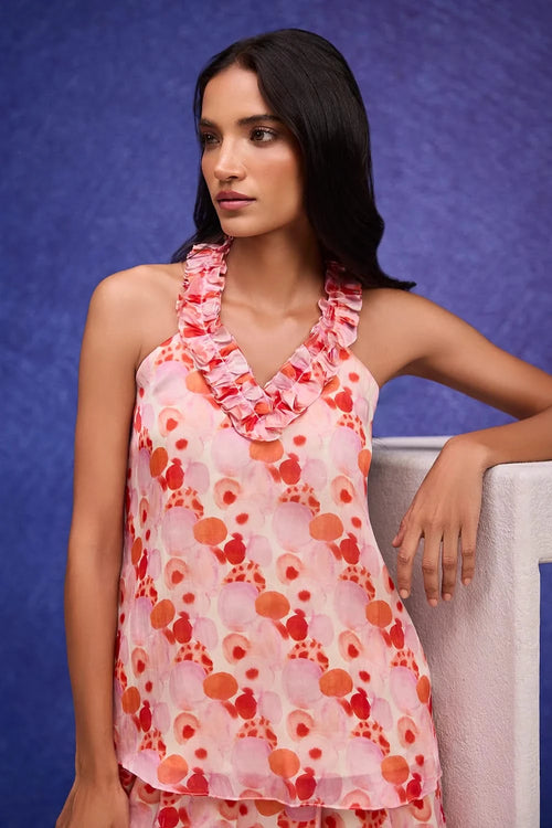 Red Aquarelle Print Halter Neck Top