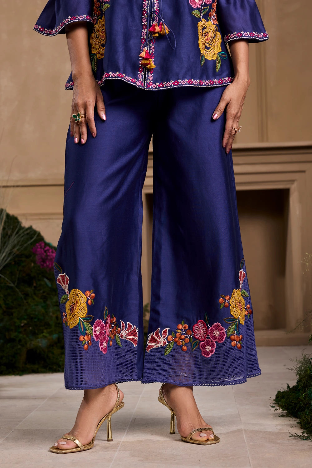 Cobalt Blue Floral Applique Tie-Up Shirt And Pant