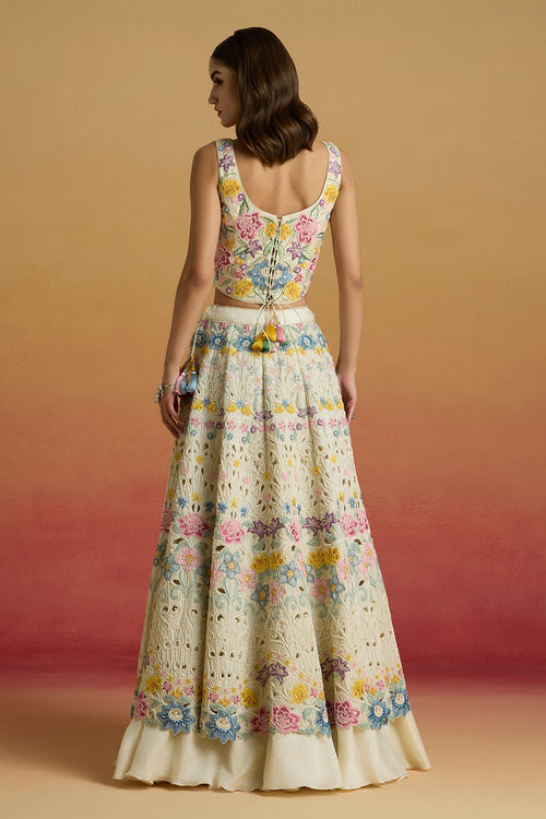 Ivory Pastel Floral Threadwork Corset with Cordwork Amaryllis Lehenga