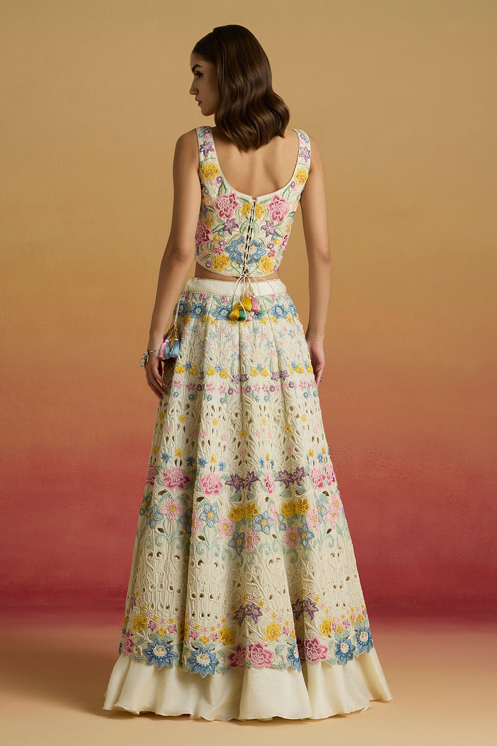 Ivory Pastel Floral Threadwork Corset with Cordwork Amaryllis Lehenga
