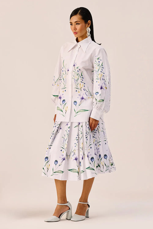 White Floral Print Shirt and Skirt Set