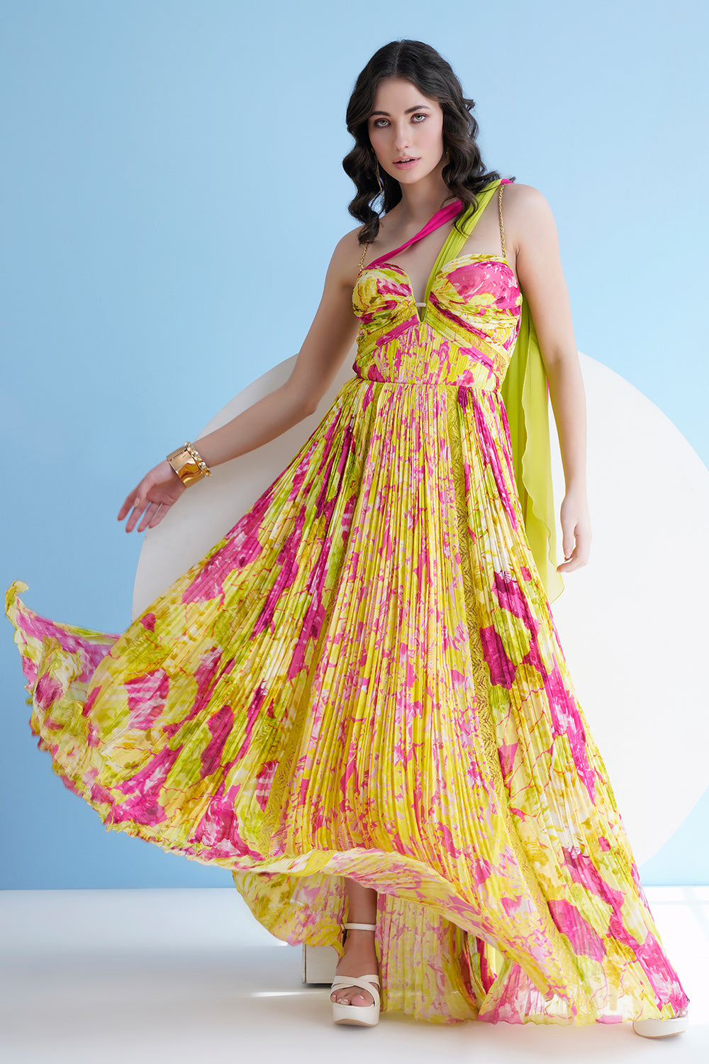 Floral Printed Long Dress In Pleated Chiffon