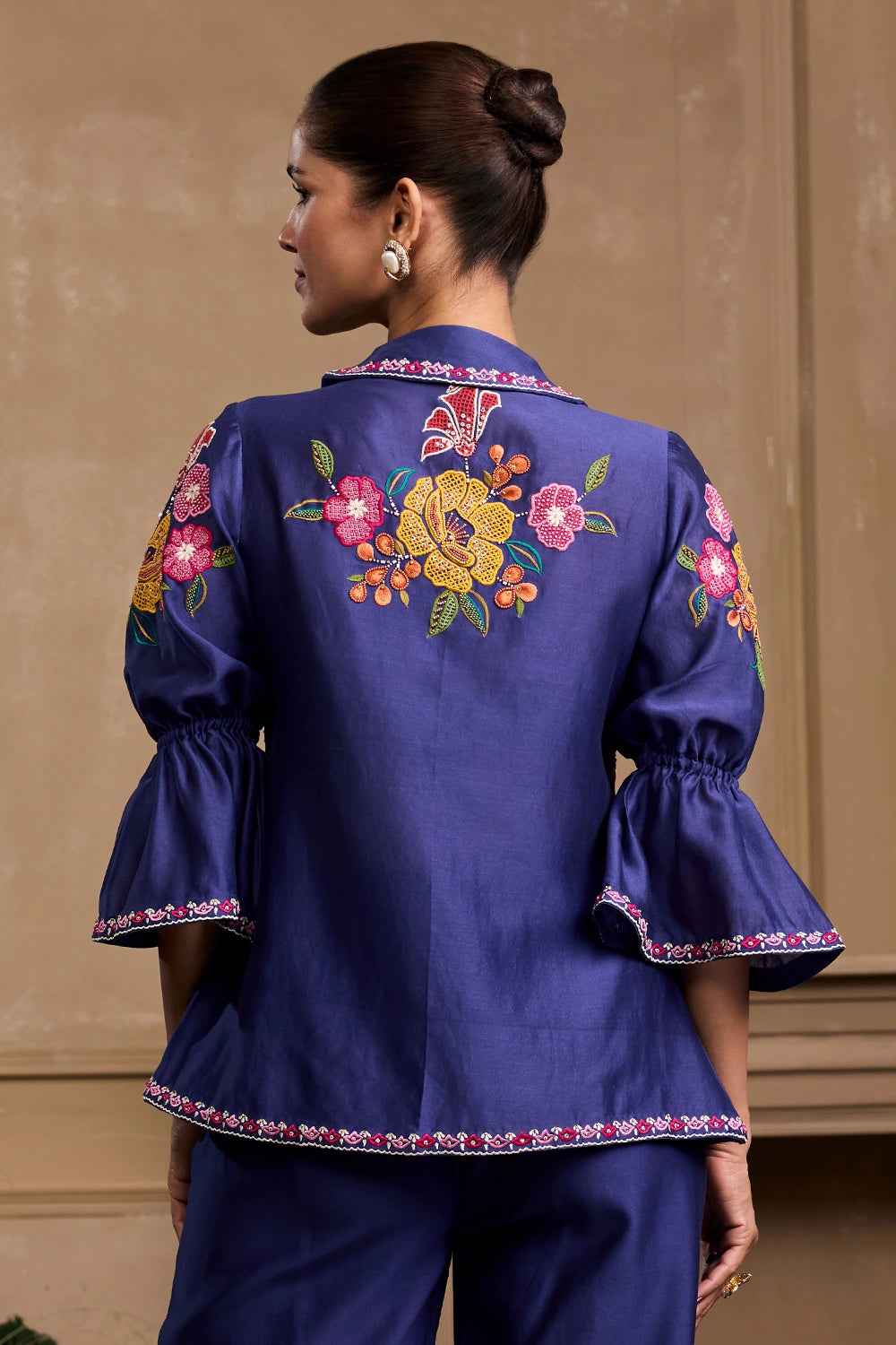 Cobalt Blue Floral Applique Tie-Up Shirt