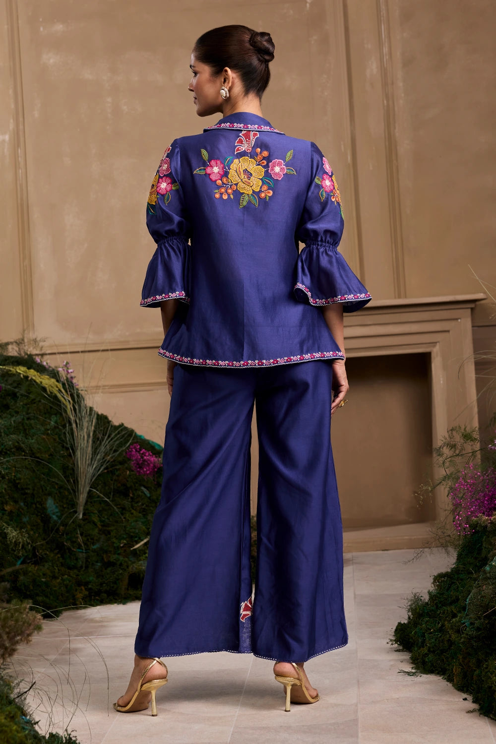 Cobalt Blue Floral Applique Tie-Up Shirt And Pant