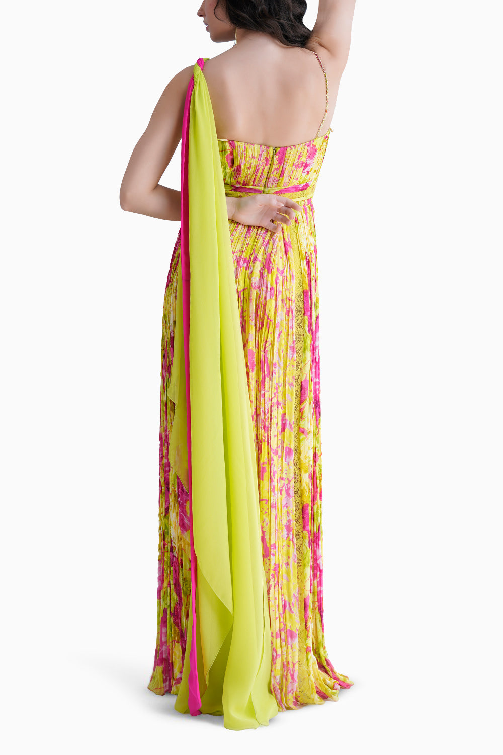 Floral Printed Long Dress In Pleated Chiffon