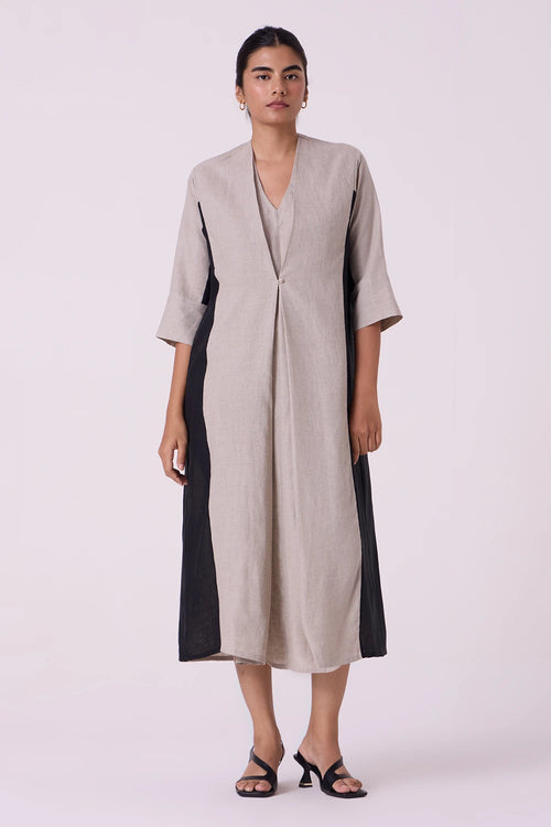 Kaku Beige Linen Panelled Midi Dress