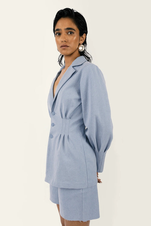 Pleated Jacket & Aqua Shorts