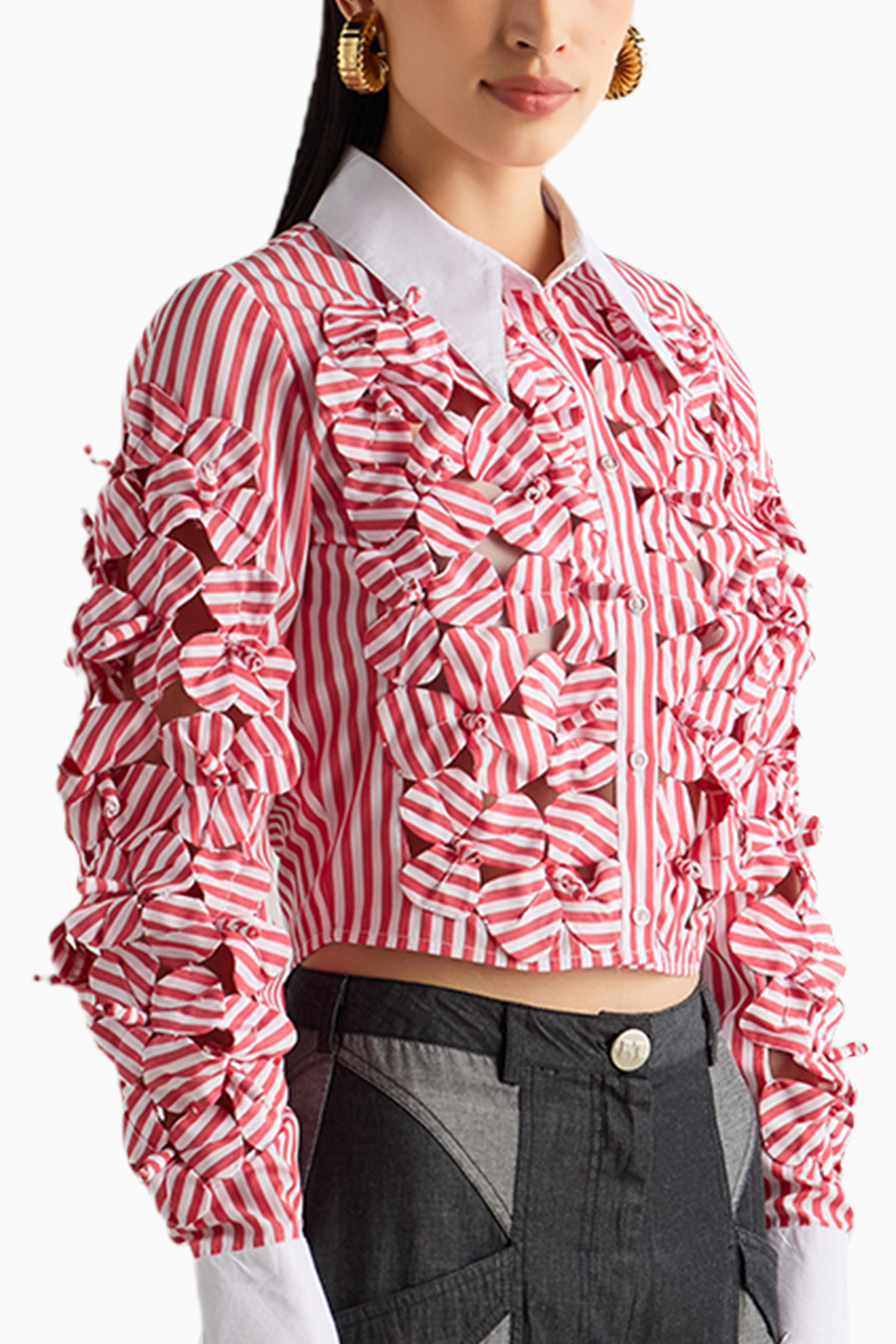 Red Stripe 3D Flower Shirt