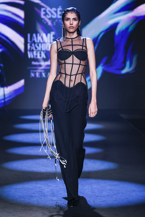 Coal Sculpted Sheer Body Con Jumpsuit