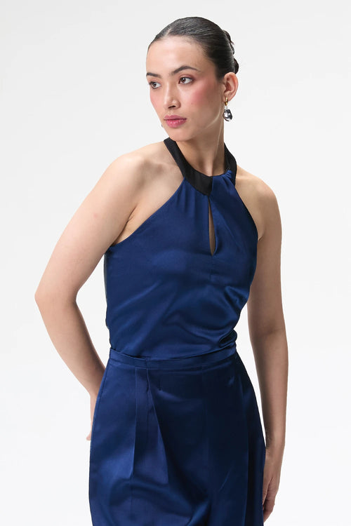 Midnight Blue Silk Jumpsuit With Contrast Collar