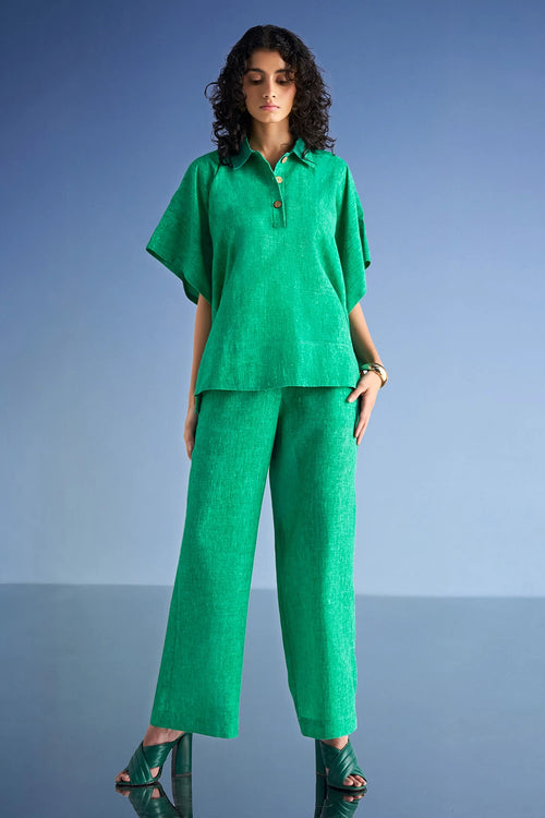 Straight Cut Linen-Textured Green Pant