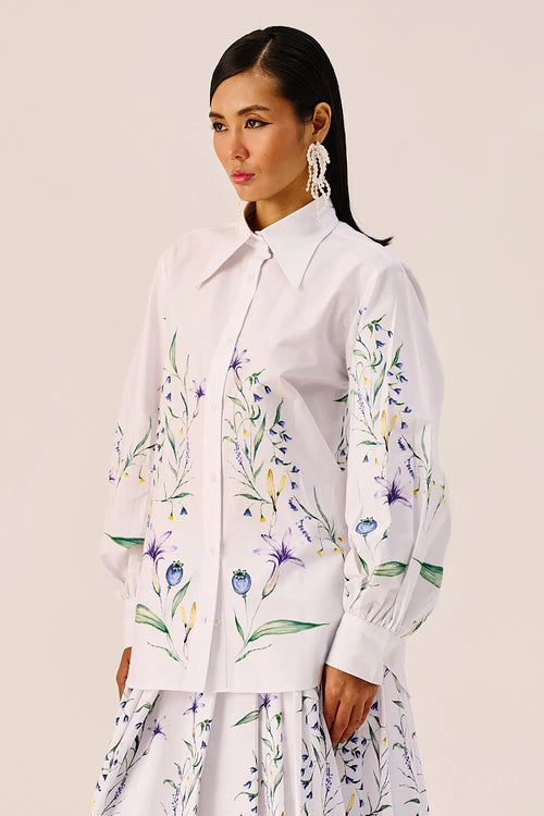 White Floral Print Cotton Shirt