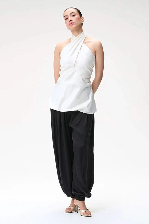 Ivory Halter Bubble Top with Black Silk Balloon Pants