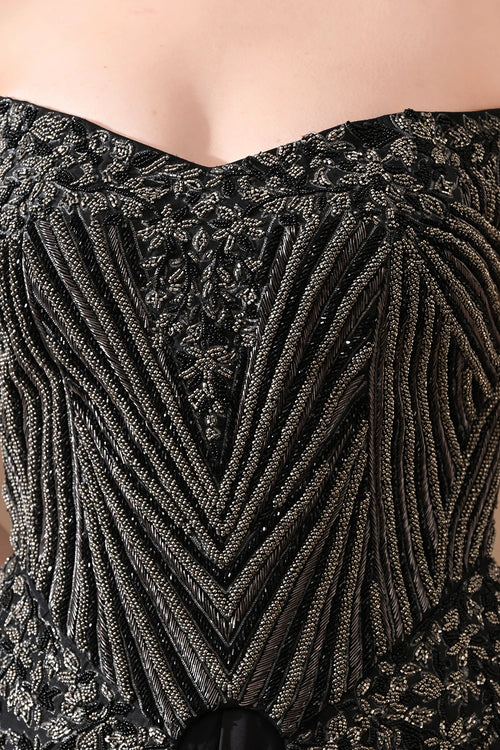 Black Strapless Sculpted Handwork Corset With Drape Skirt