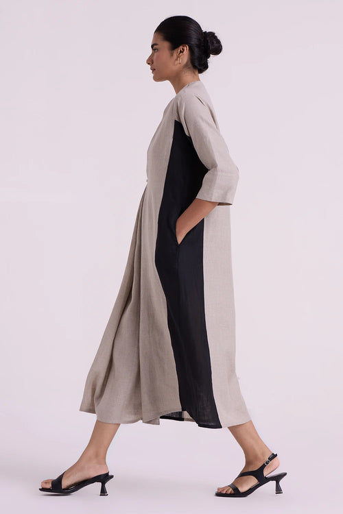Kaku Beige Linen Panelled Midi Dress