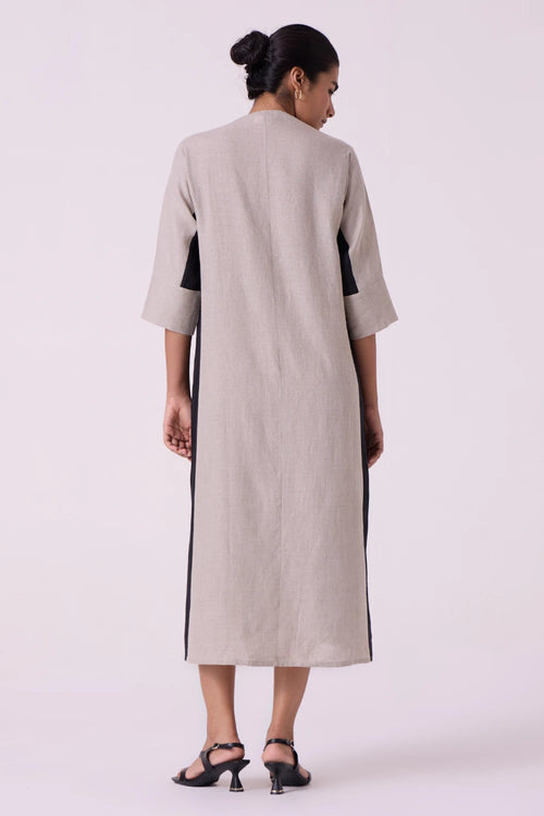 Kaku Beige Linen Panelled Midi Dress
