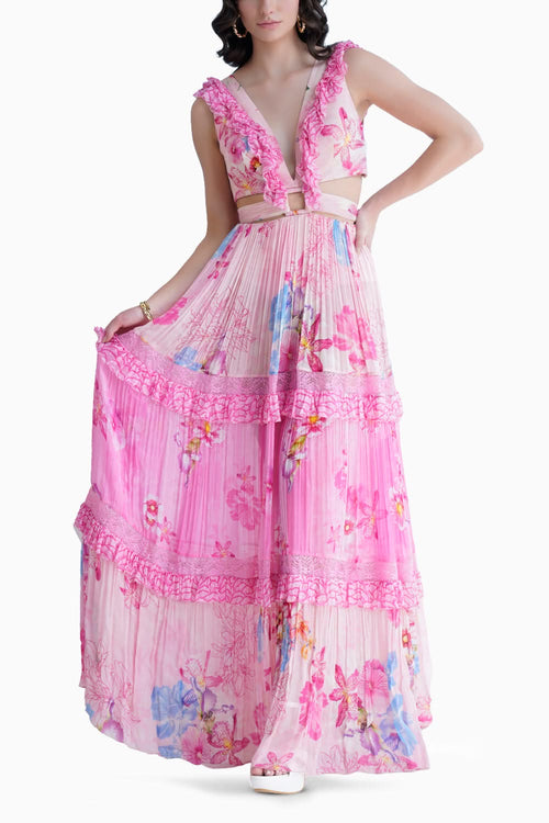 Pastoral Printed Dress With Frilled Plunging Neckline And Waist Cutout