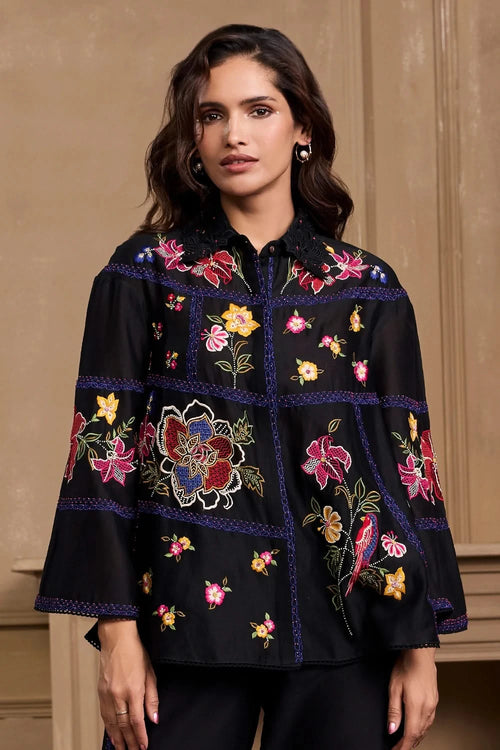 Black Floral Embroidered Panel Shirt