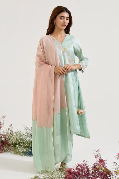 Mint Floral Zari Tissue Angrakha Set