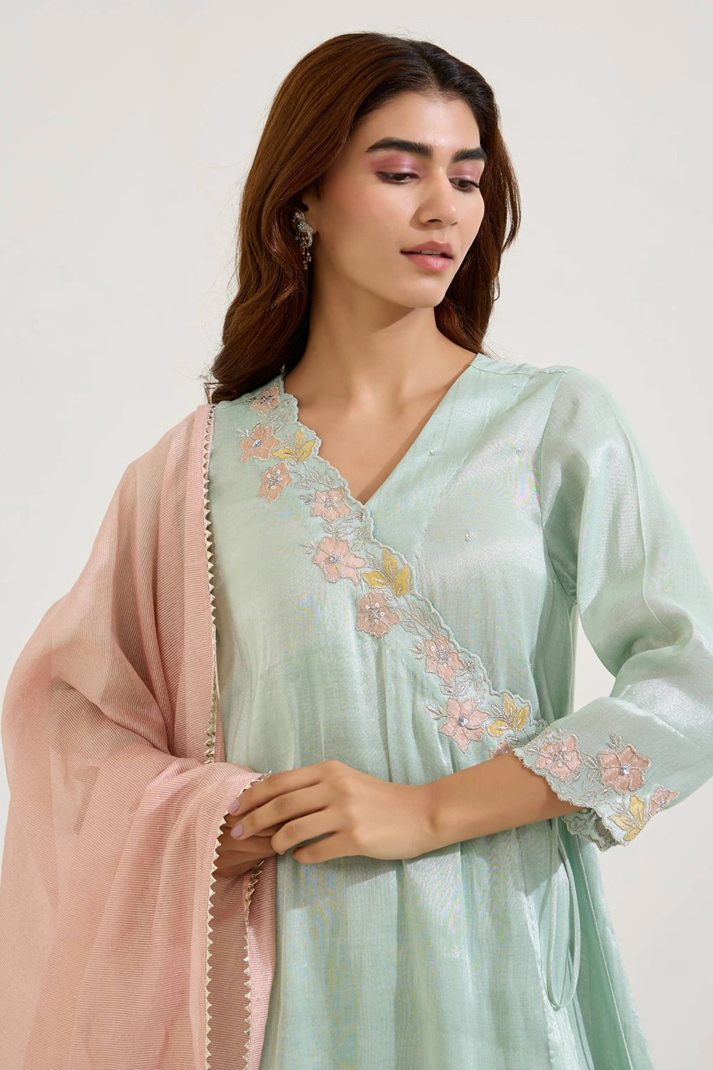 Mint Floral Zari Tissue Angrakha Set