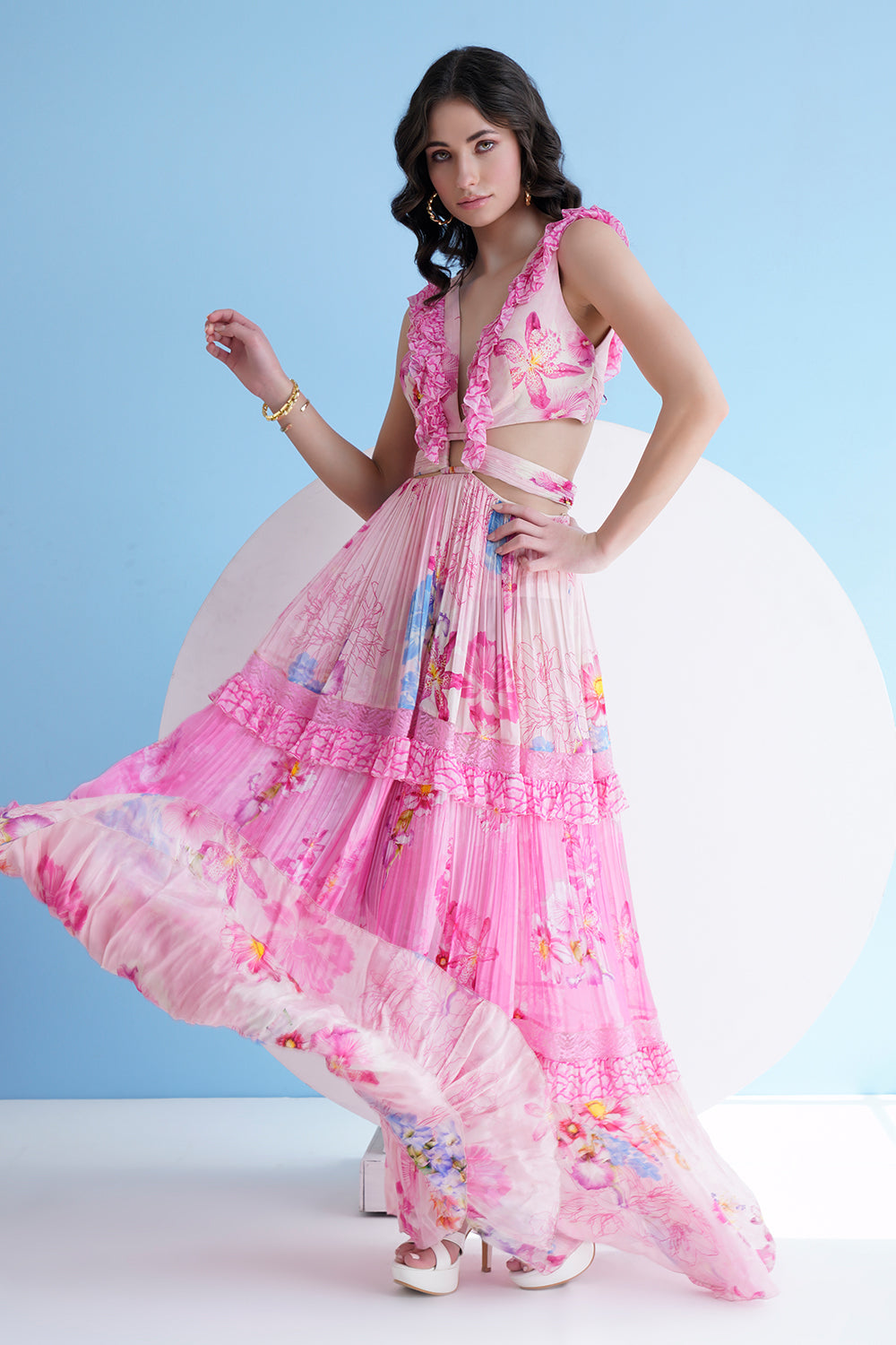 Pastoral Printed Dress With Frilled Plunging Neckline And Waist Cutout