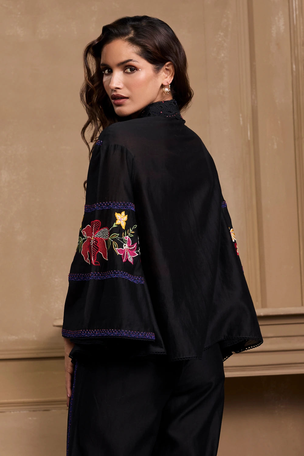 Black Floral Embroidered Panel Shirt