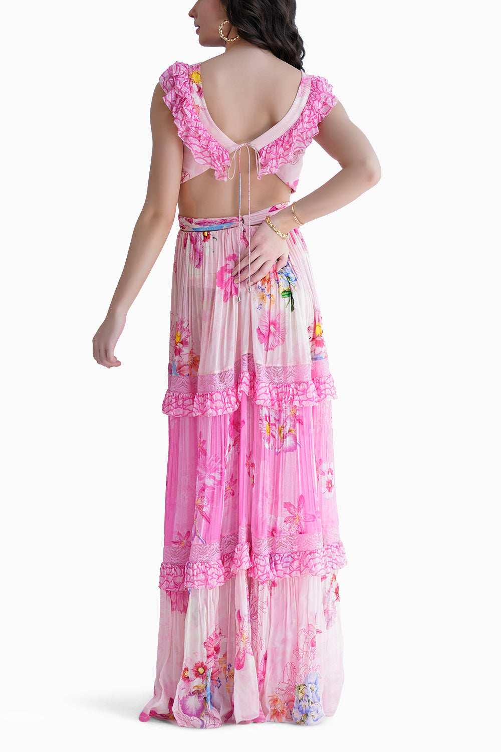 Pastoral Printed Dress With Frilled Plunging Neckline And Waist Cutout