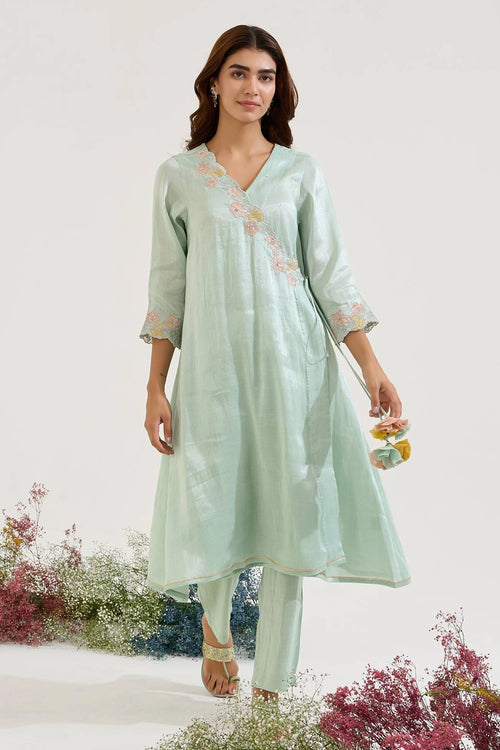 Mint Floral Zari Tissue Angrakha And Pants Set