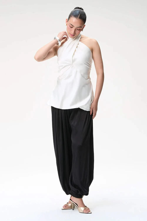 Ivory Halter Bubble Top with Black Silk Balloon Pants