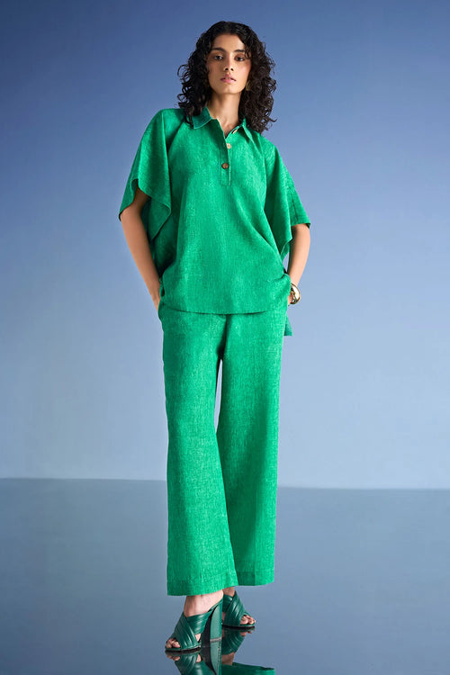 Linen-Textured Kaftan Top and Straight-Cut Pant Set