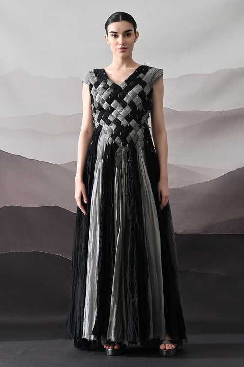 Black And Grey Woven Gown With Panelled Fall