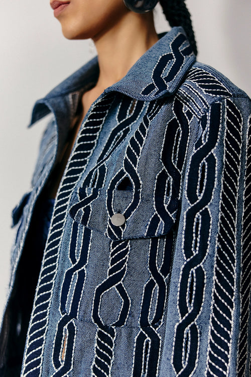 Distressed Denim Loop Applique Jacket