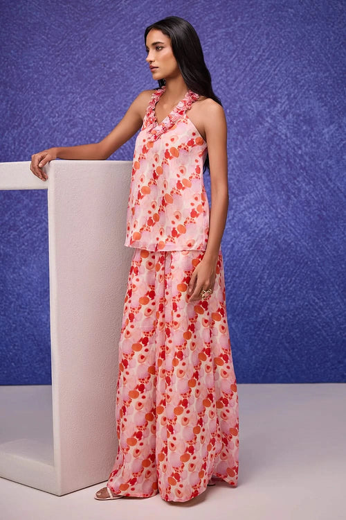 Red Aquarelle Print Halter Neck Top With Red Aquarelle Flared Pants