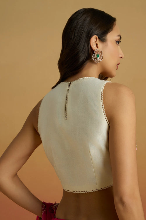 Ivory Scalloped Crop Top with Hot Pink Contrast Amaryllis Saree