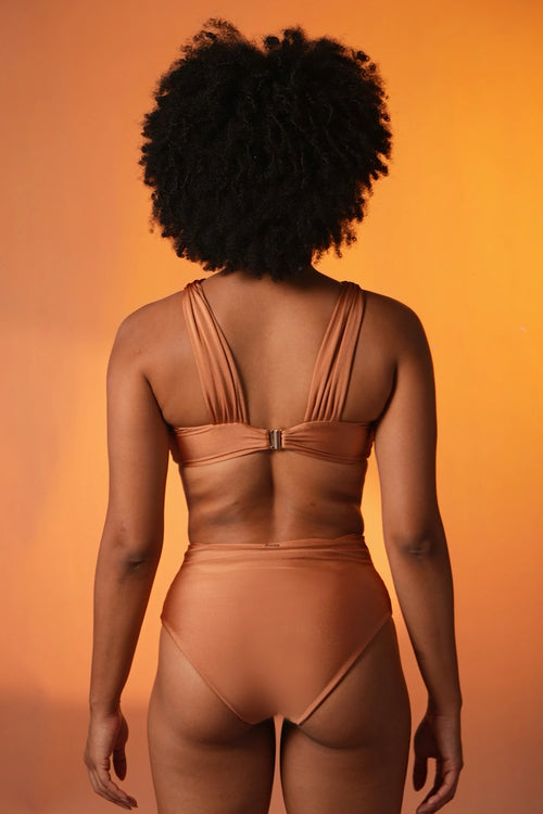 Golden Hour Ruched Bikini Set with High-Waist Bottoms