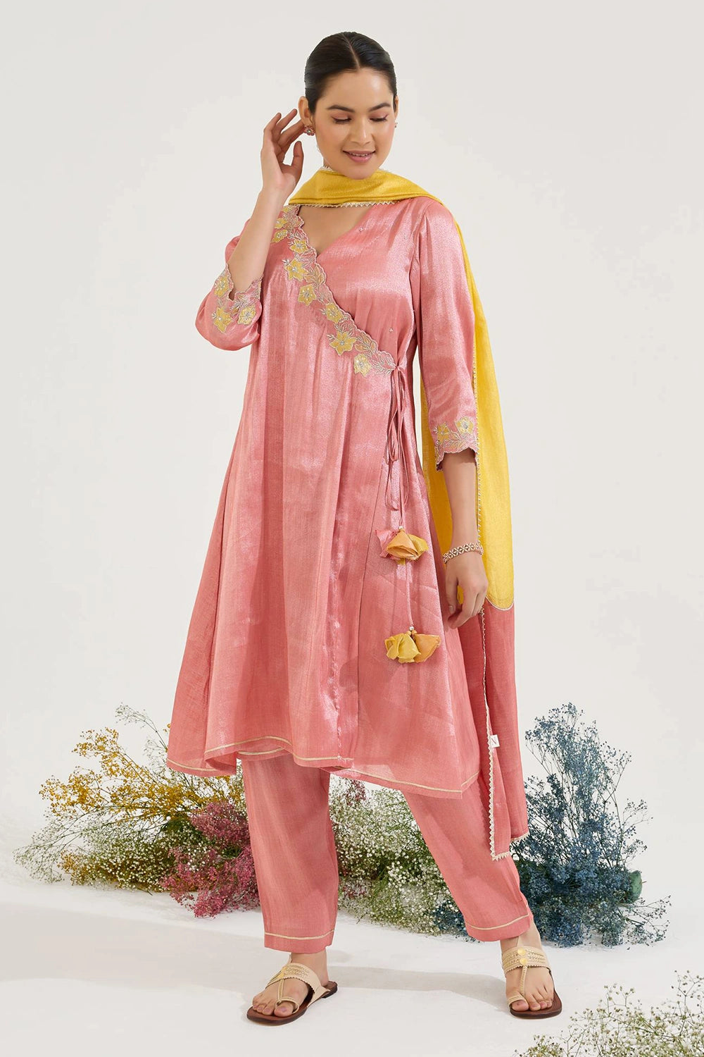 Carrot Floral Zari Tissue Angrakha Set